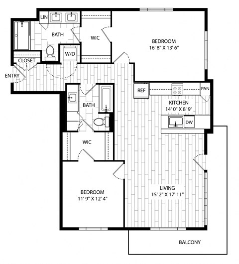 Floor plan for 2 beds, 2 baths, 1253 sqft